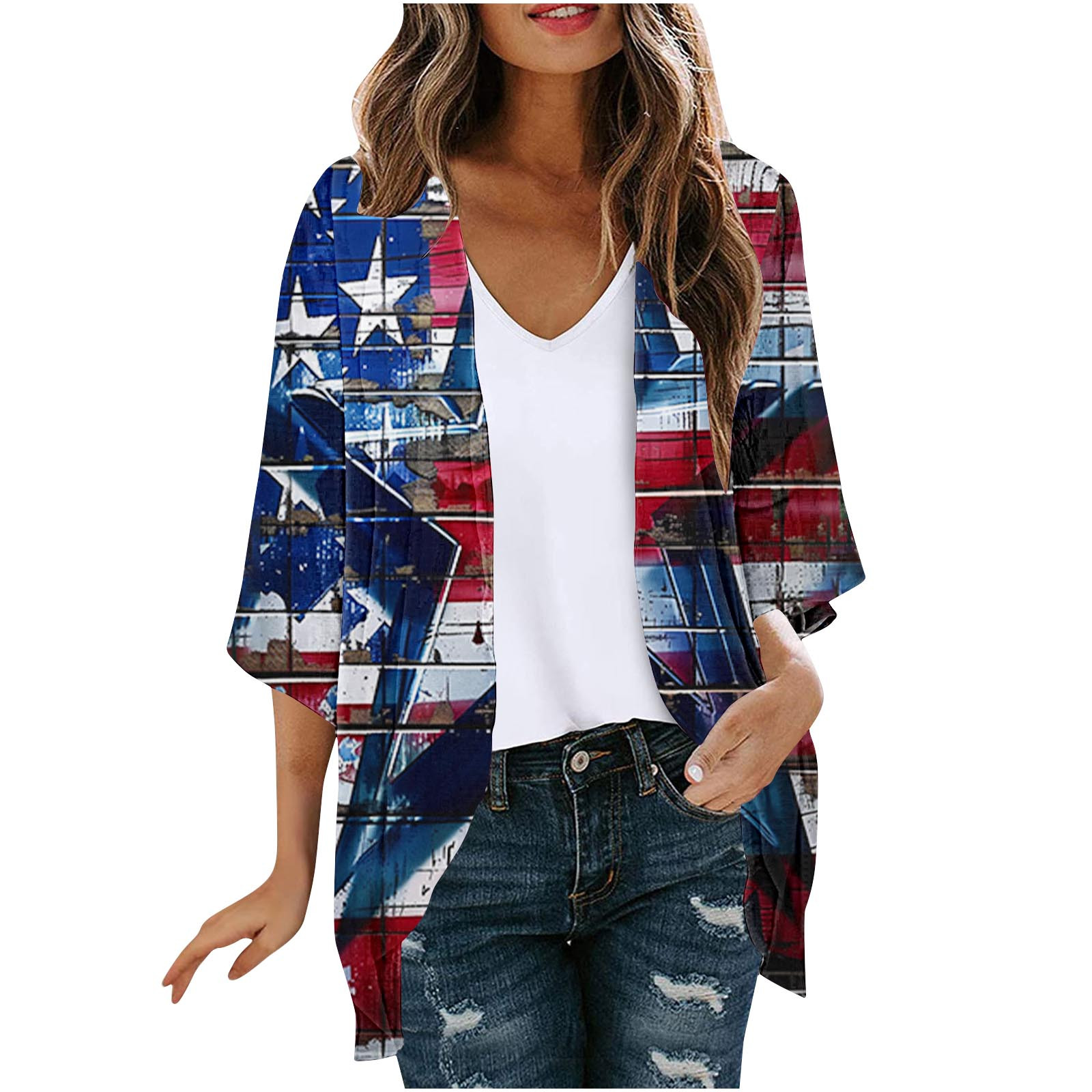 Brnmxoke Women's Beach Cover up Swimsuit Kimono with American Flag Print,4th of July Patriotic Loose Casual Resort Wear Plus Size Multicolor,XXXXXL
